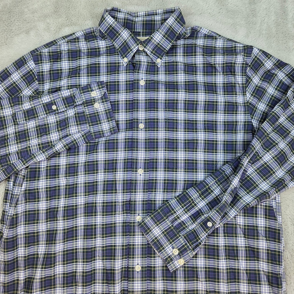 L.L. Bean Button Down Shirt Mens L Reg Traditional Fit Plaid Cotton Navy Green